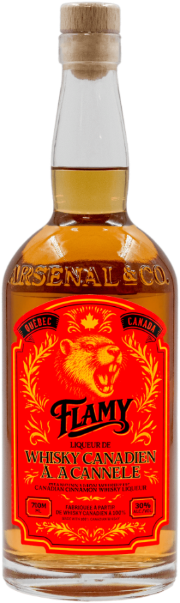 Bouteille de Flamy, liqueur de whisky à la cannelle artisanale de la Distillerie du Saint-Laurent Europe